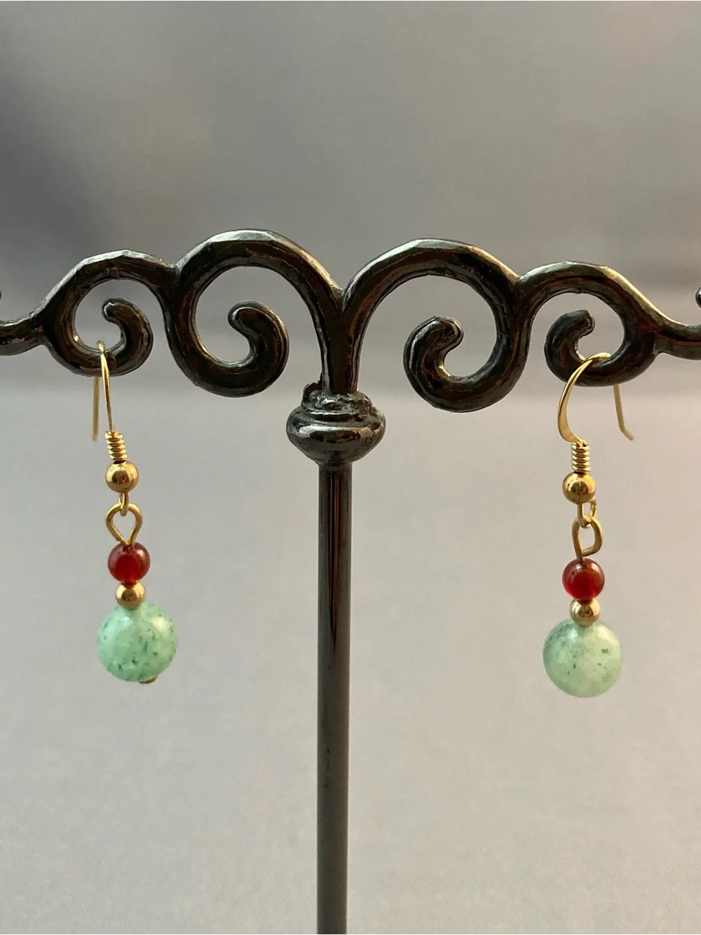 Handmade light jade and carnelian bead dangle earrings